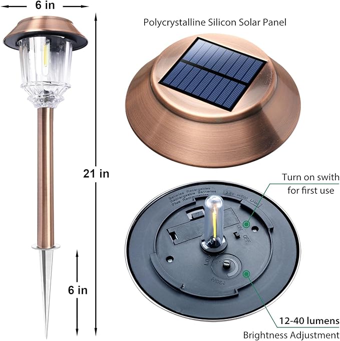 DenicMic Solar Garden Lights Outdoor Pathway Lights Glass Stainless Steel Waterproof Solar Powered Landscape Lighting for Yard Patio Lawn Path Walkway, Super Bright 12-40 Lumens, 2 Pack