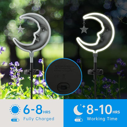 2pack Solar Moon Stars Lights Outdoor,Moom Solar Garden Lights Decor, Garden Outdoor Decorative,Solar Powered neon Lights for Pathway,Housewarming Ornament for Yard,Lawn,Patio(Silver)