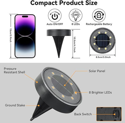 ELUTENG Solar Ground Lights 8 Pack IP68 Waterproof Solar Pathway Lights 8 LED Garden Lights Anti-Rust Outdoor Landscape Lighting for Lawn, Yard, Deck, Driveway, Walkway (Warm Light)