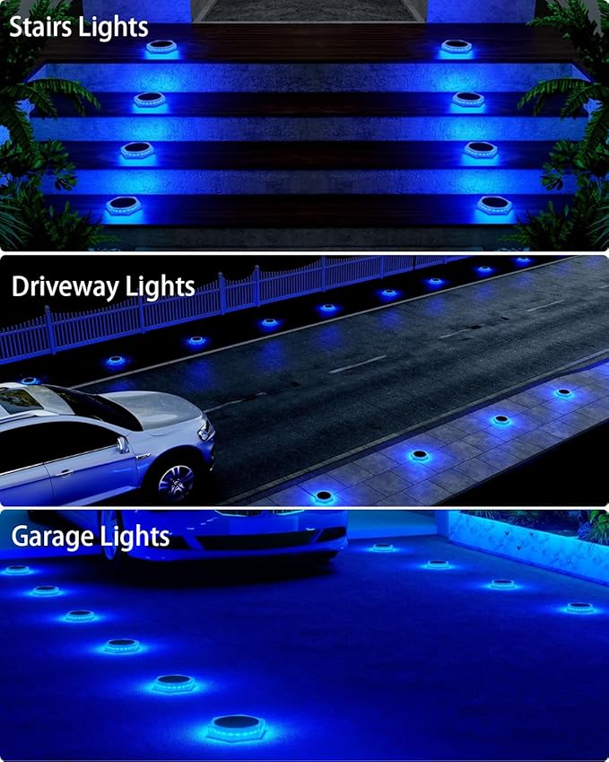 6 Packs Solar Driveway Lights Outdoor IP68 Waterproof, Blue Deck Step Lights Solar Powered, Solar Stair Light Stick on LED Light for Dock, Garage, Pool, Fence, Garden Pathway