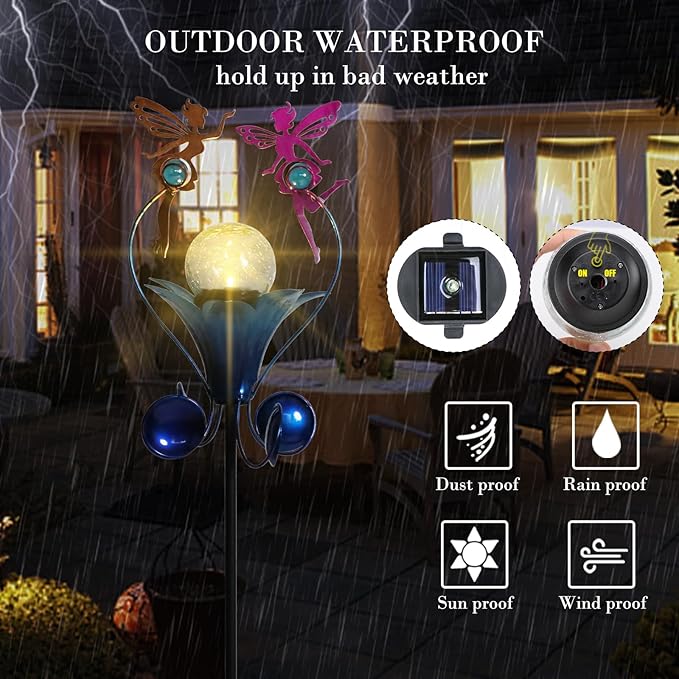 VCUTEKA Solar Lights Outdoor Metal Garden Stake Waterproof Crackle Glass Globe Garden Decor Fairy for Pathway, Lawn, Patio, Yard