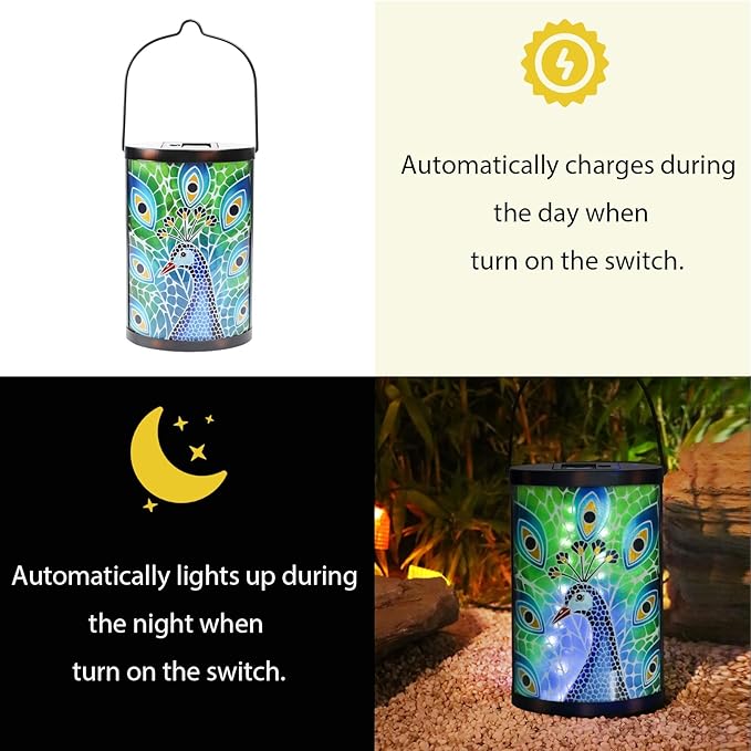 Peacock Solar Lanterns, Waterproof LED Backyard Lights