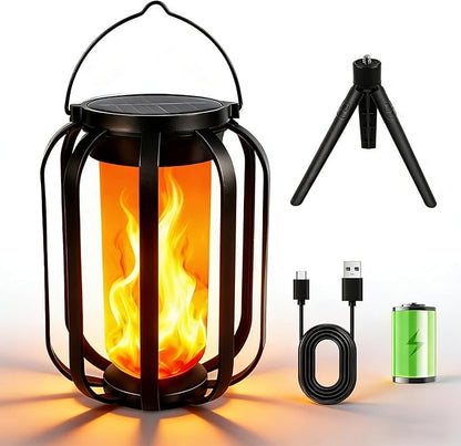 Solar Lanterns Outdoor Waterproof , Flickering Flame Garden Lights with 2 Modes Dual Charging USB & Solar, Outdoor Waterproof Hanging Lantern for Halloween Party Holiday Decor