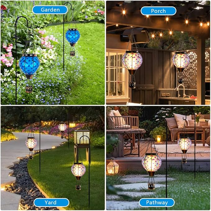 Solar Hot Air Balloon Lantern with Flame,Glass Solar Hanging Lights Outdoor Waterproof,Hot Air Balloon Solar Blue Star Lamp Decorative for Lawn Porch Tree Yard