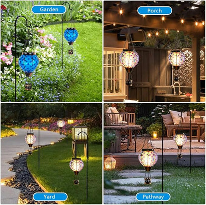 Solar Hot Air Balloon Lantern with Flame,Glass Solar Hanging Lights Outdoor Waterproof,Hot Air Balloon Solar Blue Star Lamp Decorative for Lawn Porch Tree Yard