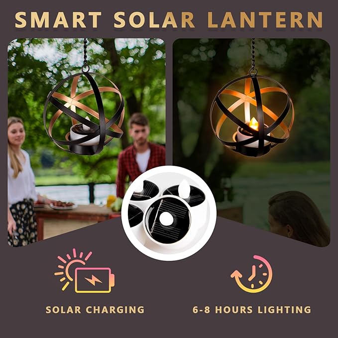 Solar Lanterns Outdoor Waterproof, 4 Pack Hanging Tea Lights with Candle Holder, Small Solar Chandelier for Trees, Patio, Backyard, Garden, Porch, Balcony Decorative (Armillary)