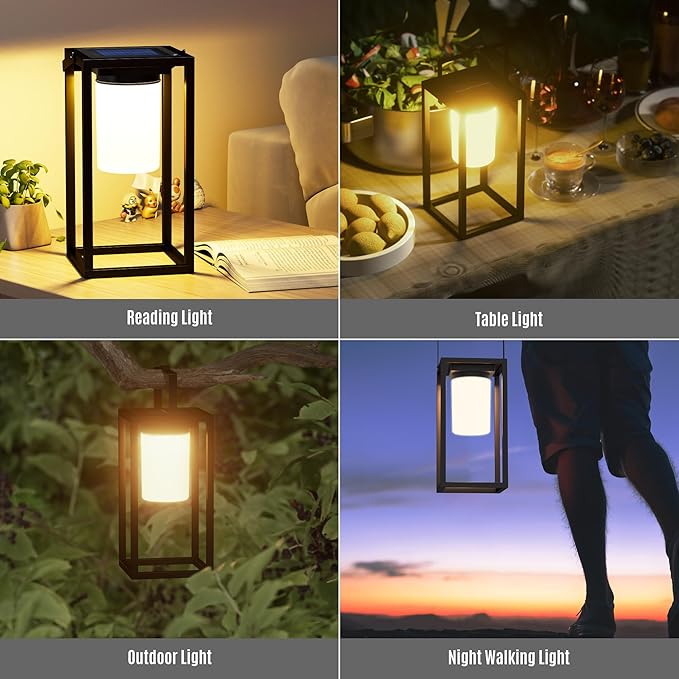 Outdoor Solar Lantern Table Lamp, Black Metal Portable Rechargeable Solar Lamp Waterproof Outdoor Lamps Decorative Large Outdoor Lanterns for Porch Patio Camping Walking Reading