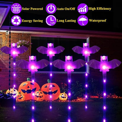 Halloween Decorations Outdoor Solar Bat Garden Lights,6 Pack 56LED Solar Halloween Bats Lights, Waterproof Solar Pathway Lights for Outside Patio Yard Lawn Grave Party Gifts Decor Purple