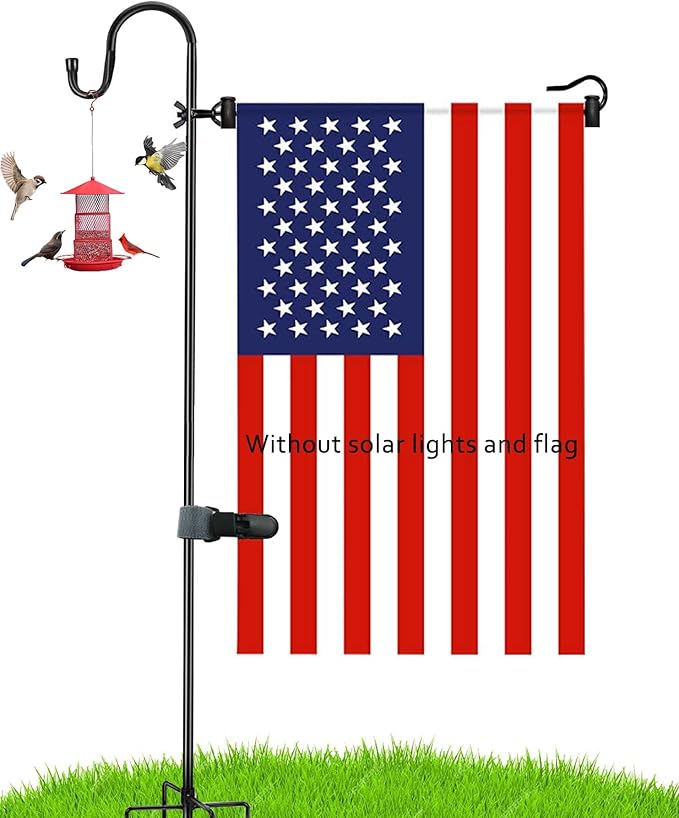 Large flag pole holder for outside house,Akeydeco house Flag Pole 1 Pack 60 Inch for 28 x 40 Flags with Shepherds Hooks for Outdoor Bird Feeder Pole with 5 Prongs Base(Without Solar Lights Flag)