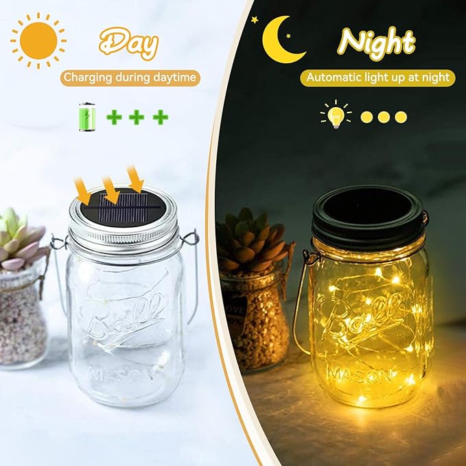Dracarys Mason Jar Solar Lights Lids,6 Pack 20 LED Bulbs Solar String Lights (NO Jars&Hanger), Garden Shed Windows Decor Lanterns Fairy Lights Outdoor
