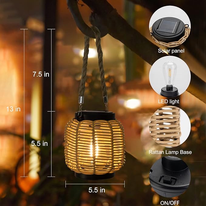Livinlarge Solar Rattan Lantern with Twine Handle - Outdoor Waterproof Solar Lanterns for Table, Deck, Yard, Patio, Walkway, Porch & Home Decor