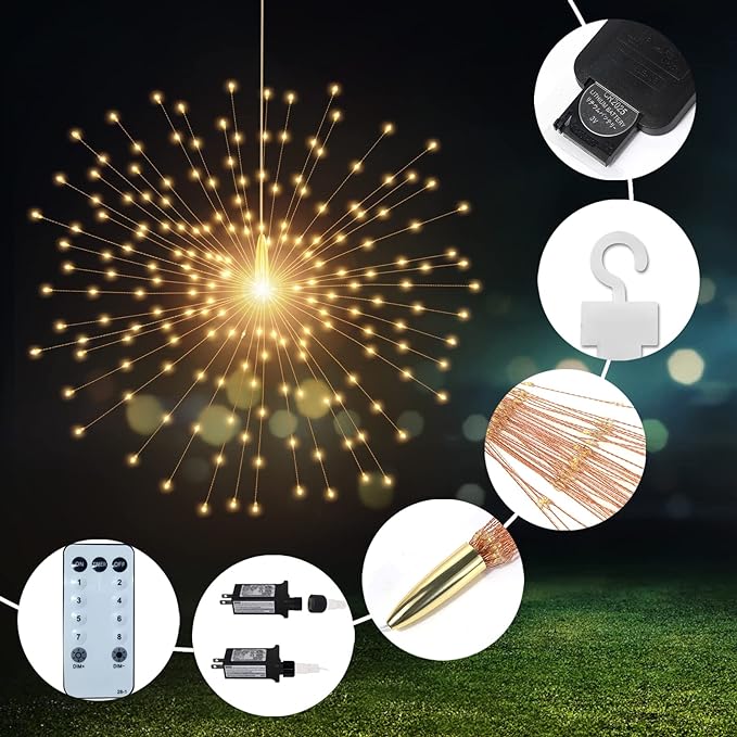 4 Pcs 800 LED Plug-in Starburst Sphere Lights, Firework Light 8 Modes Dimmable Remote Control Waterproof Hanging Fairy Light, Copper Wire Lights for Patio Party Tent Christmas (Warm White)