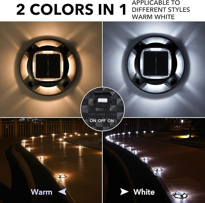 AGPTEK Solar Driveway Lights Outdoor 4 Pack, 2 Color Modes LED Deck Dock Marine Waterproof Driveway Marker Lights for Step Sidewalk Stair Garden Pathway Walkway Yard (Warm White/Cool White, Black)