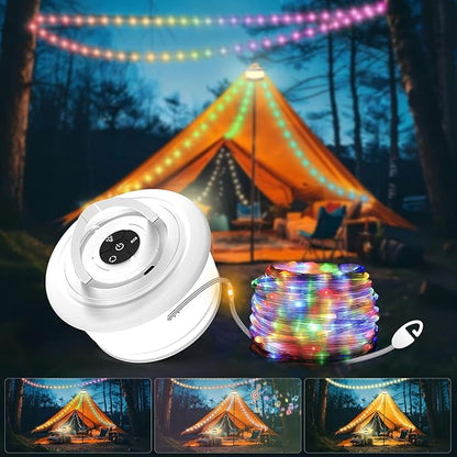 2-Pack Camping String Lights, 3 in 1 Upgraded Retractable RGB Outdoor String Lights with 19 Lighting Modes, Quick 30s Recovery, 32.8 FT Portable Tent Light, Rechargeable Camping Lantern (White)
