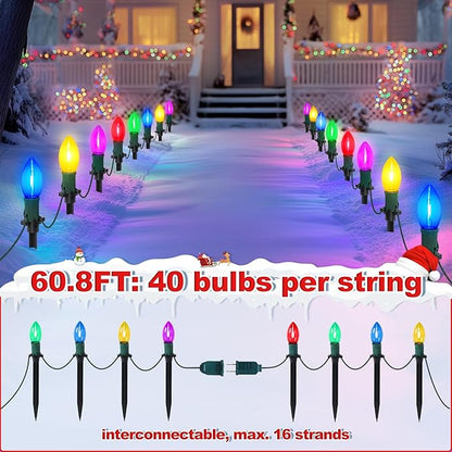60Ft C9 Led Christmas Pathway Lights Outdoor, 40 Multicolor Bulbs Waterproof Connectable Extra Long Christmas Walkway Lights for Large Driveway, Yard, Lawn