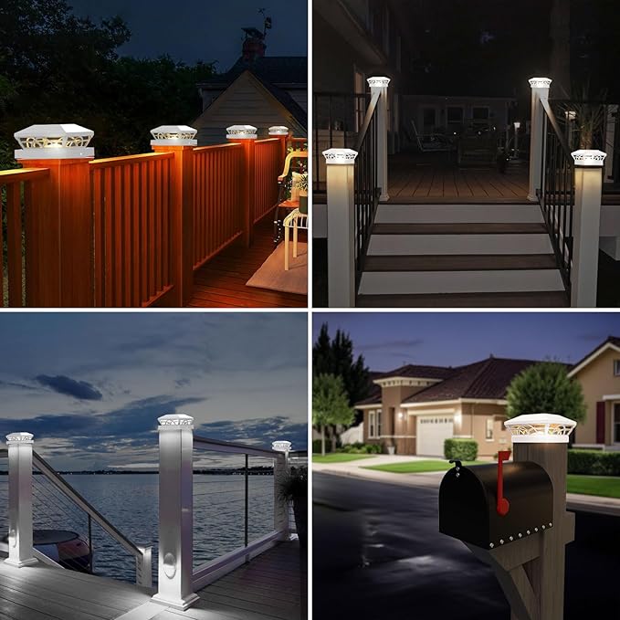 T-SUN Solar Post Cap Lights 6 Pack – Outdoor Waterproof Fence Lights for 3.5x3.5 4x4 5x5 5.5x5.5 Wood/Vinyl Posts, with 2 Brightness Modes Solar Deck Light for Patio, Garden, Porch(White)