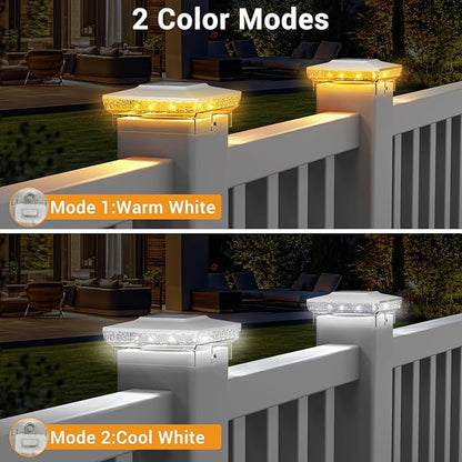 btfarm 2 Pack Solar Post Cap Lights Outdoor, 2 Mode 16 LED Fence Post Light Fit 4x4 3.5x3.5 Wooden/Vinyl, Waterproof Bright Solar Powered Lights Outside for Deck Patio Porch Garden Decoration, White