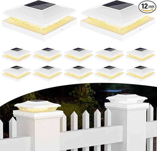 12 Pack 5x5 Fence Post Solar Lights - Outdoor Waterproof White Solar Post Cap Lights for 5.5x5.5 Vinyl Posts for Deck/Yard/Stair Lighting