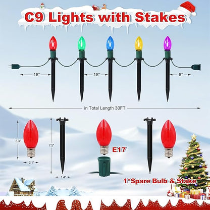 30Ft C9 Led Christmas Pathway Lights Outdoor, 20 Multicolor Bulbs Waterproof Connectable Christmas Walkway Lights with Stakes for Yard Lawn Sidewalk Driveway Decorations