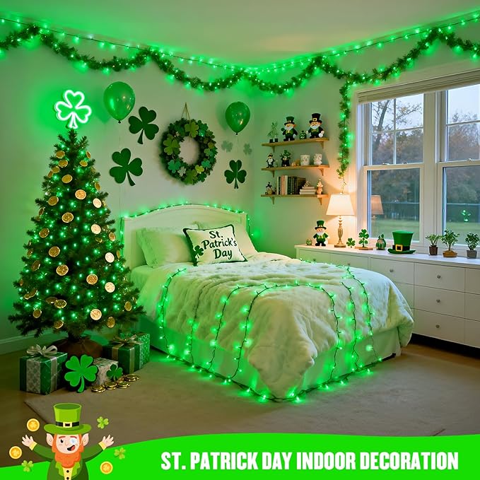 JMEXSUSS 2 Pack Green Christmas Lights for St Patrick, Each 33 FT 100 LED Green Battery Operated Lights, Battery Operated String Light Outdoor for Outside St Patrick Decoration Tree House Garden Decor