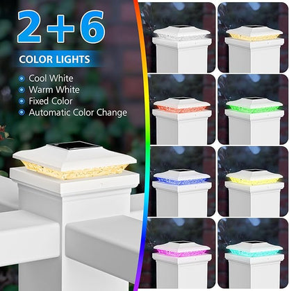 Solar Post Cap Lights Outdoor with RGB Color Changing - 6 Pack White Fence Post Solar Powered Lights IP65 Waterproof Fits for 5x5 5.5x5.5 Vinyl Posts, Decorating Yard Deck Fence Patio