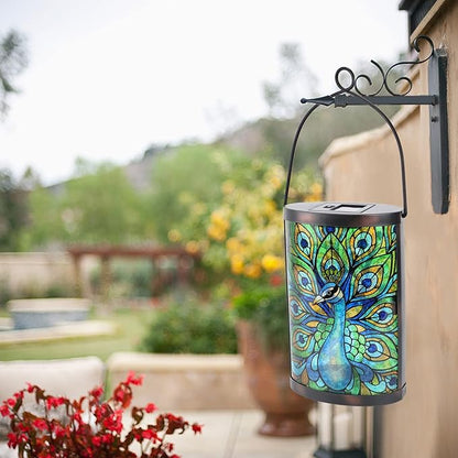 Afirst Solar Lantern Outdoor, Hanging Glass Peacock Solar Lights Waterproof Led Lamp for Garden Yard Tree Desk Decor