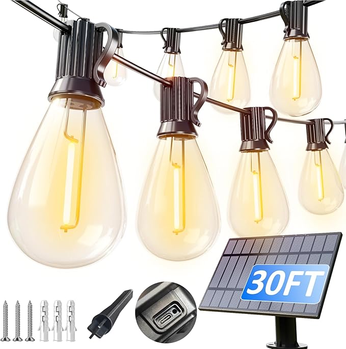 luckystyle 30FT Solar String Lights Outdoor Waterproof with 10+1 LED Bulbs Long Last for 20+Hrs, Commercial Grade Shatterproof USB Patio Solar Powered Lights for Camping，Backyard, Garden, Porch Decor