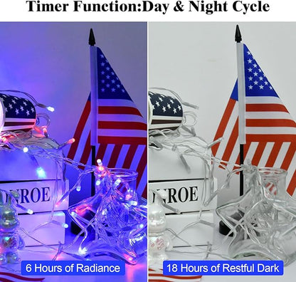 Red White and Blue Lights Battery Operated, 4th of July Lights with Timer Outdoor Waterproof 9.8ft 30 LED for 4th of July Independence Day Decorations Garland Party Garden