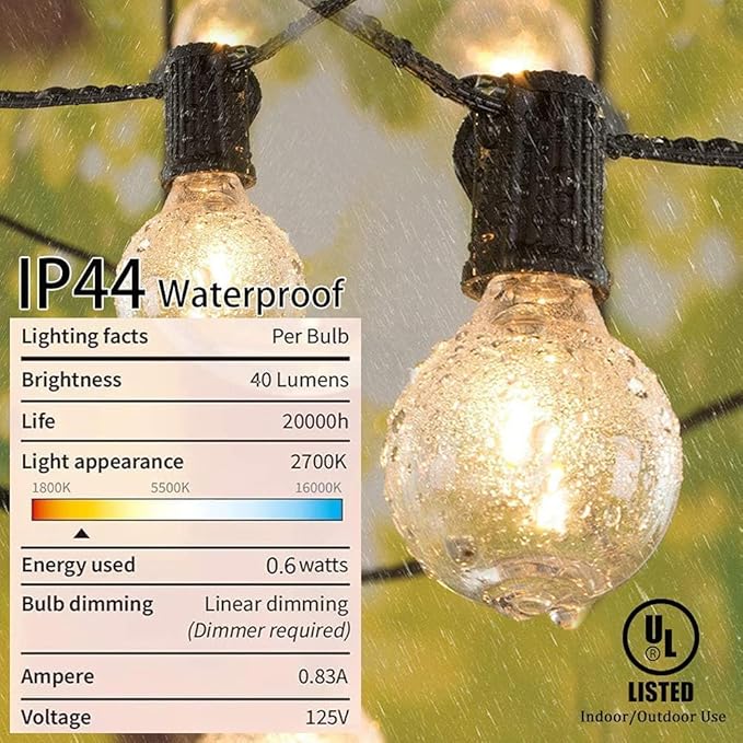 Outdoor String Lights, 50ft Black Waterproof LED