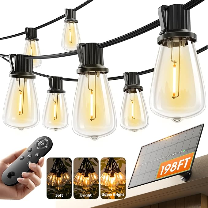 KYY 198FT(192+6) Solar String Lights Outdoor Waterproof with USB Charging & Remote, Dimmable & Timable, Solar Powered Patio Lights with LED Shatterproof Bulbs for Deck Backyard Porch Garden Camping