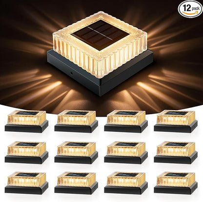 APONUO Solar Post Cap Lights, 12-Pack Fence Post Solar Lights with 20 Lumens 3-Sided Panoramic Glow, IP65 Waterproof Fence, Deck, Patio, Garden Decor, Easy No-Tool Install for 4x4 Posts, Black