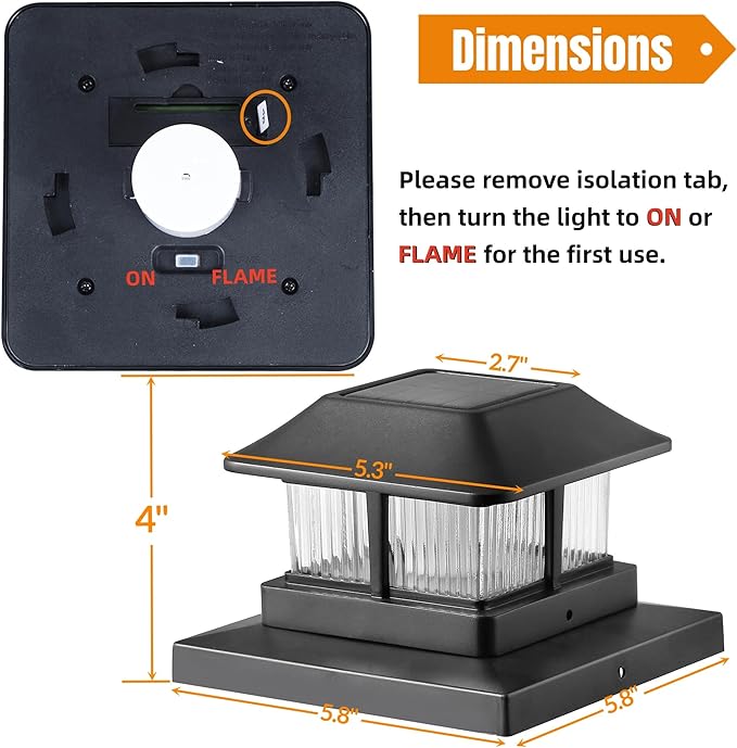 Dynaming Solar Flame Post Cap Lights Outdoor, Solar Powered Fence Post Light, Flickering Flame LED Lantern Lamps Waterproof for Garden Deck Patio, Fit 4x4, 5x5 or 6x6 Vinyl/Wooden Posts, 6 Pack