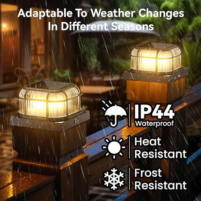 Solar Post Light 8 Packs with 4x4, 5x5 and 6x6 Inches Base for Vinyl/Wooden Posts, Bright 16 LEDs Solar Cap Lights with Two Light Modes for Decorating Deck, Patio, Porch, Fence (Black)