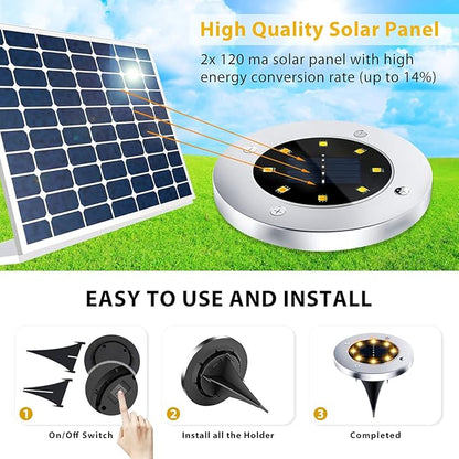 12 Pack 8LED Solar Garden Lights Outdoor Waterproof Sidewalk Disk Bright In-Ground Landscape Lighting for Lawn Patio Pathway Yard Steps Deck Walkway (Warm White) (12 Packs)