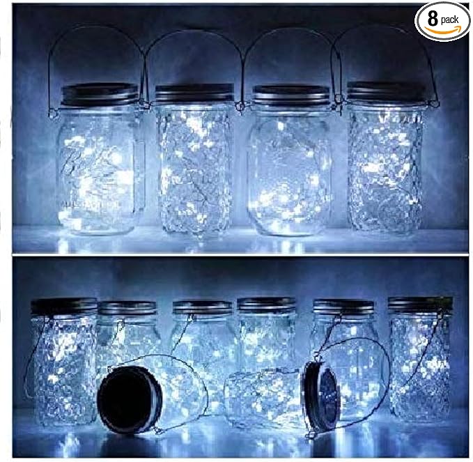 Miaro 8 Pack Mason Jar Lights, 20 LED Solar Pure White Fairy String Lights Lids Insert for Garden Deck Patio Party Wedding Christmas Decorative Lighting Fit for Regular Mouth Jars (Cool White)