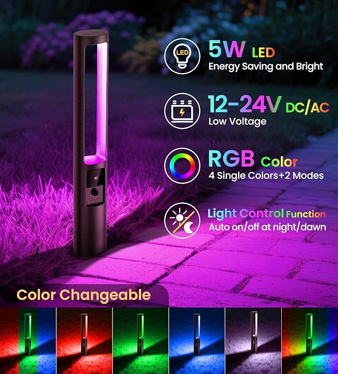 MEIKEE 5W RGB Low Voltage Path Lights 12-24V Color Changing Landscape Lights Auto On/Off Waterproof Outdoor Landscape Lighting with 100W Driver 100FT Cord for Garden Yard Pathway(12 Pack)
