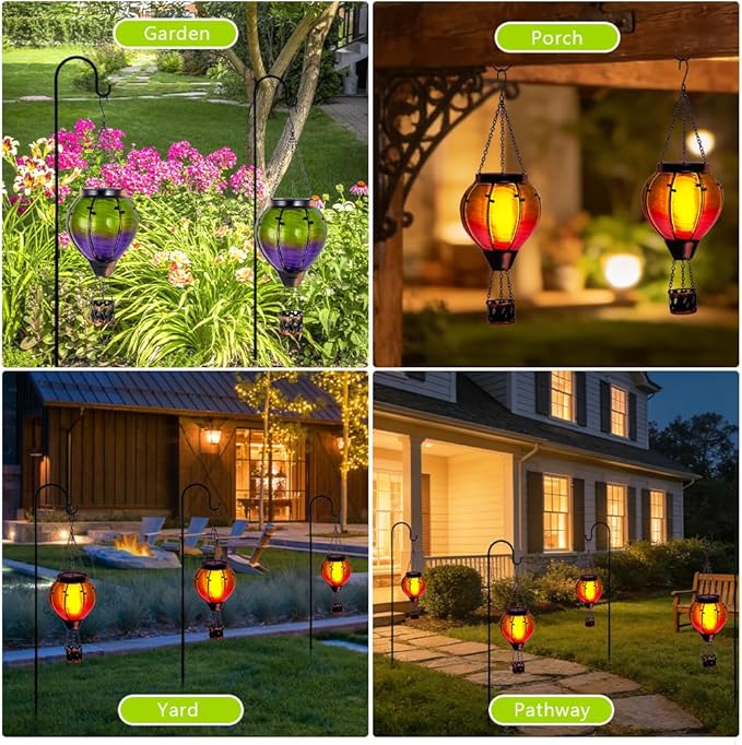 Gradient Hot Air Balloon Solar Lanterns Outdoor Waterproof,Gradient Glass Solar Hanging Hot Air Balloon Lantern with Flame Flickering Lights for Patio,Porch,Yard Decor