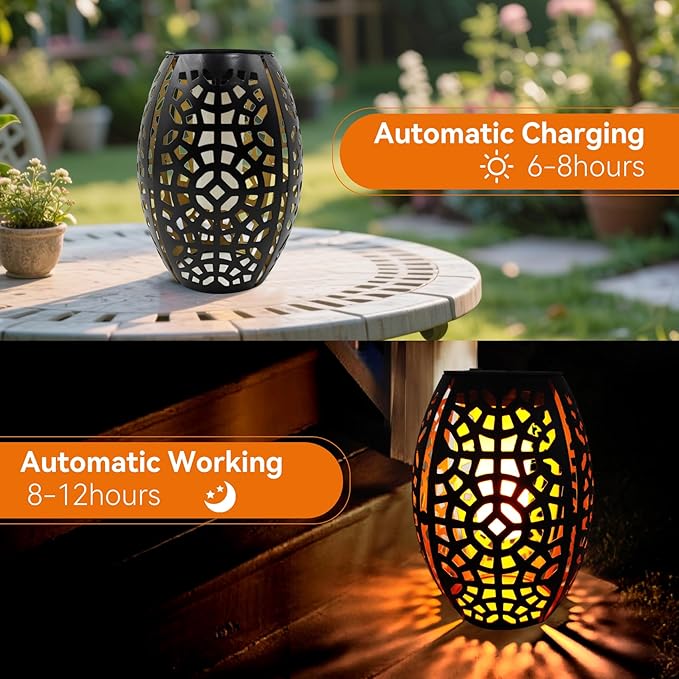 2PCS Solar Table Lanterns with Flickering Flame Light Outdoor Waterproof, Metal Desktop Decorative Lamp with Hollow Design for Tabletop Garden, 7.3" H Black Geometric Figure