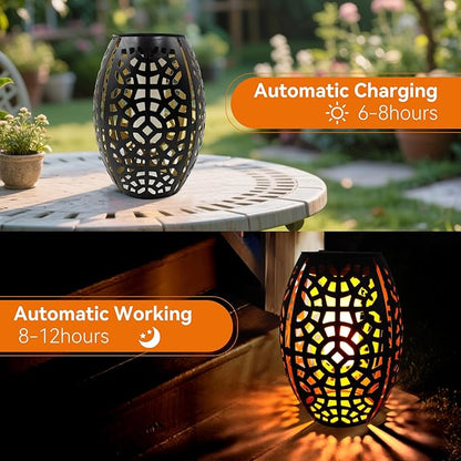 2PCS Solar Table Lanterns with Flickering Flame Light Outdoor Waterproof, Metal Desktop Decorative Lamp with Hollow Design for Tabletop Garden, 7.3" H Black Geometric Figure