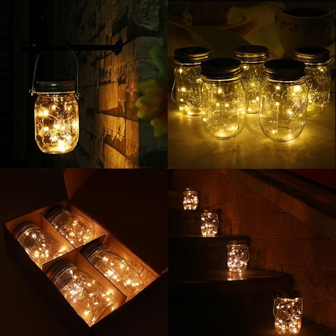 6-Pack Solar-powered Mason Jar Lights 20 LEDs (6 Hanger Included / No Jar),Warm White Glass Waterproof Fairy Hanging Lighting,Outdoor String Lids for Regular Mouth Jars for Patio Lamp Decor