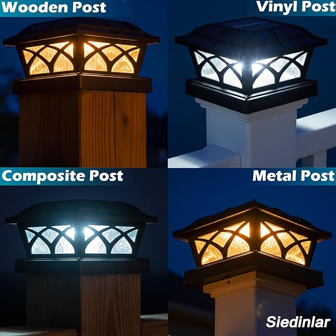 SIEDiNLAR Solar Post Cap Lights Outdoor Glass 2 Color Modes 8 LEDs for 4x4 5x5 6x6 Posts Deck Fence Patio Decoration Warm White & Cool White Lighting Black (1 Pack)
