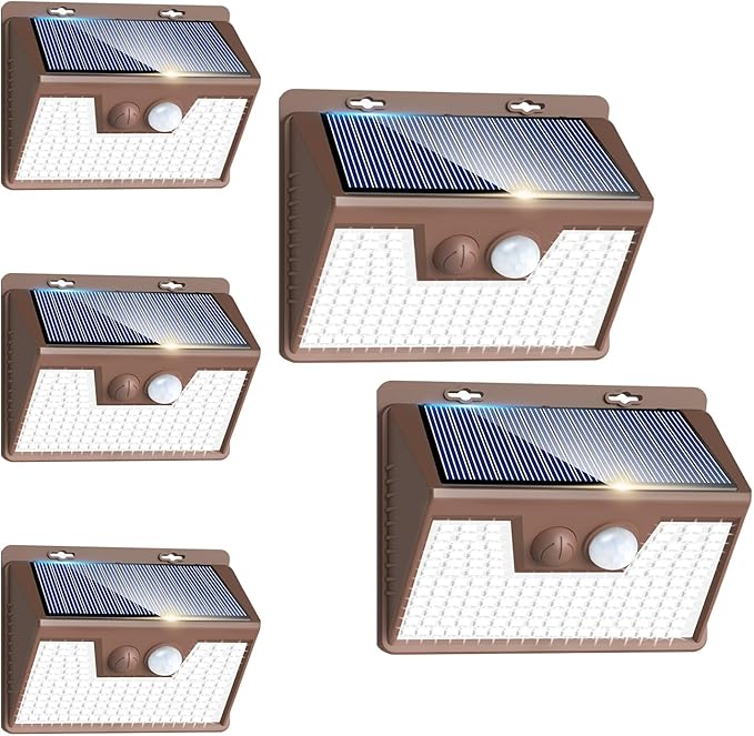 Peasur 5 Pack Solar Lights for Outside, Motion Sensor Outdoor Lights, 140LED Solar Security Lights 3 Working Modes, Solar Lights Outdoor Waterproof for Outside Garden Yard Fence (Brown Frame)