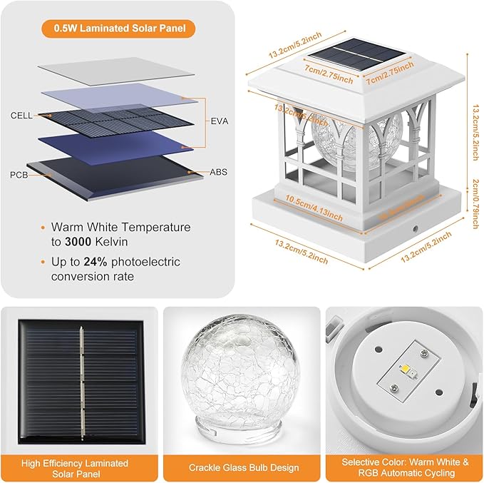 Fence Post Solar Lights, Crackle Glass Solar Post Cap Lights, 20 Lumens, Warm White & RGB Automatic Cycling 2 Modes for 3.6x3.6 4x4 4.5x4.5 5x5 Vinyl Wooden Posts Decoration, White (2 Pack)