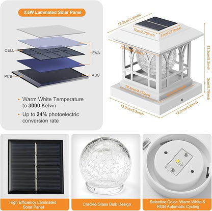 Fence Post Solar Lights, Crackle Glass Solar Post Cap Lights, 20 Lumens, Warm White & RGB Automatic Cycling 2 Modes for 3.6x3.6 4x4 4.5x4.5 5x5 Vinyl Wooden Posts Decoration, White (12 Pack)