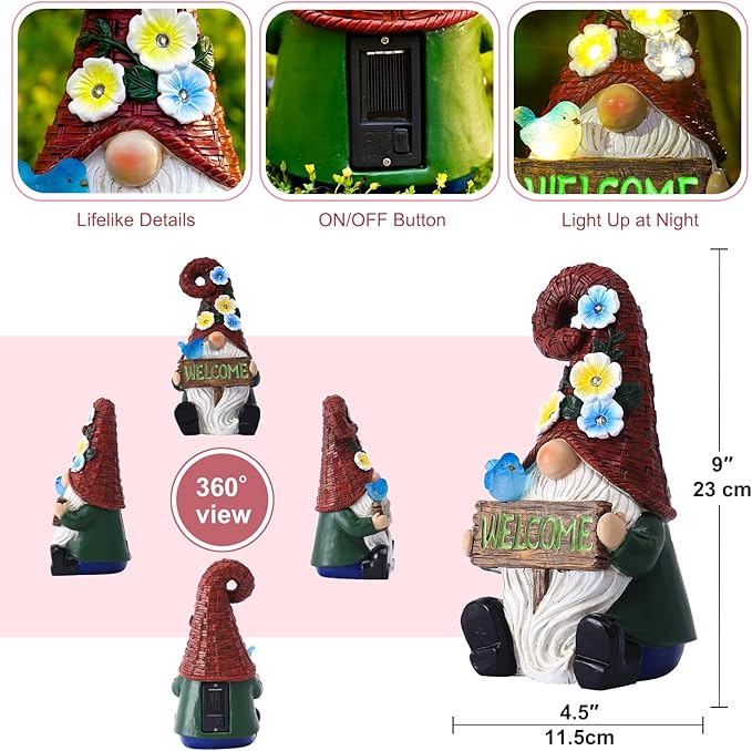 Solar Gnome Statue Light 10", Yard Decor