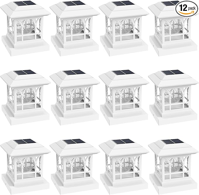 Fence Post Solar Lights, Crackle Glass Solar Post Cap Lights, 20 Lumens, Warm White & RGB Automatic Cycling 2 Modes for 3.6x3.6 4x4 4.5x4.5 5x5 Vinyl Wooden Posts Decoration, White (12 Pack)