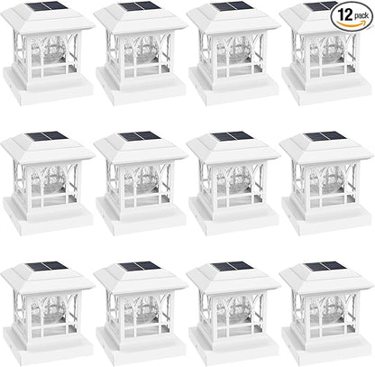Fence Post Solar Lights, Crackle Glass Solar Post Cap Lights, 20 Lumens, Warm White & RGB Automatic Cycling 2 Modes for 3.6x3.6 4x4 4.5x4.5 5x5 Vinyl Wooden Posts Decoration, White (12 Pack)