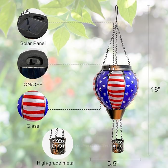 Larekook Solar Hot Air Balloon - Solar Lanterns Outdoor Hanging Waterproof for Garden Yard Patio Farmhouse Decoration，Stained Glass Flag