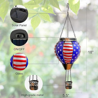 Larekook Solar Hot Air Balloon - Solar Lanterns Outdoor Hanging Waterproof for Garden Yard Patio Farmhouse Decoration，Stained Glass Flag