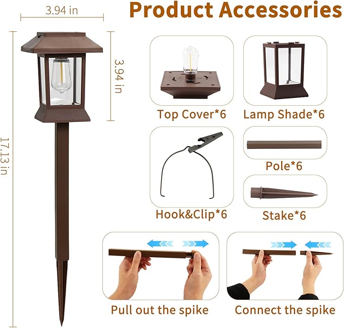 6Pack Solar Pathway Lights Outdoor Waterproof IP65, Brown Solar Lights Outdoor with Hook Upgraded 1000mAH Battery, Up to 12Hrs, Auto On/Off, Garden Decor for Yard, Driveway, Walkway (Bulb)